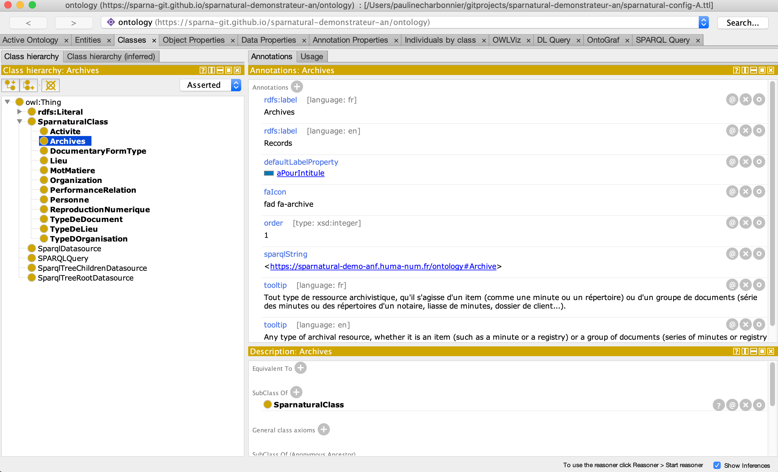 Example of Sparnatural class edition in Protégé