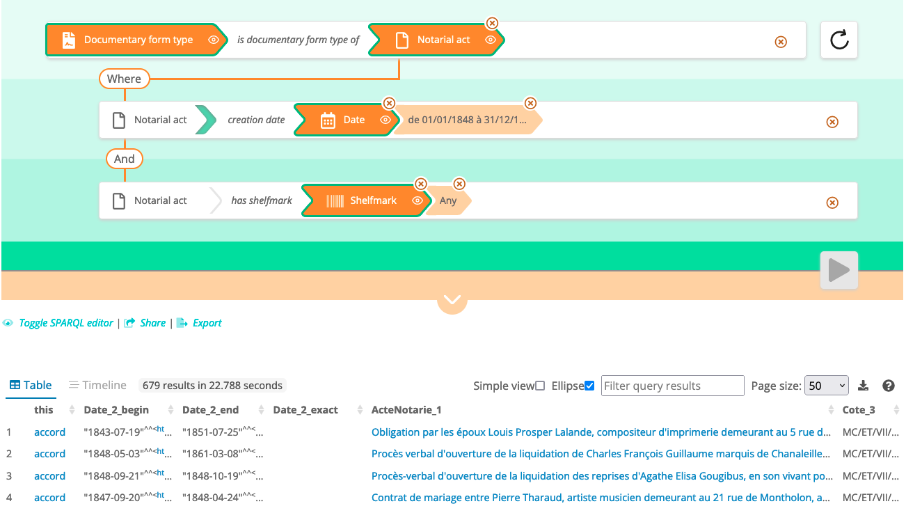 Pre-recorded query in the B interface: Documentary form types of the notarial
              actes dated 1848, with their reference codes