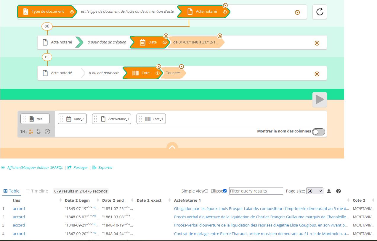 Une requête préenregistrée de l'interface de recherche B : les types de documents des actes notariés datant de l'année 1848, avec l'indication de leurs cotes
